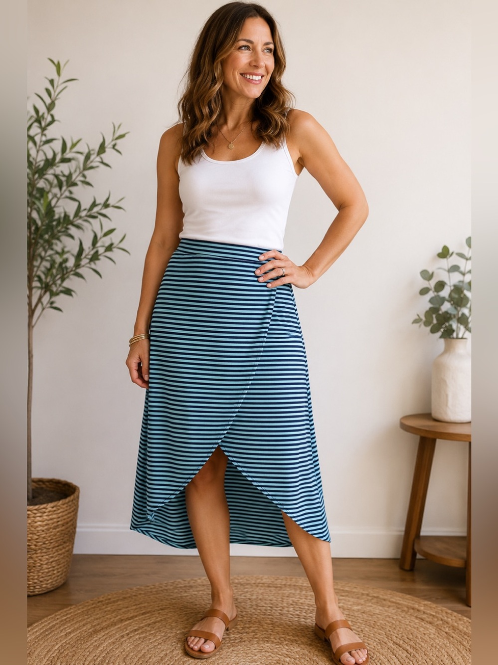 Vintage 90s Y2K Gap Striped Tulip Hem Midi Skirt Size S Blue Aqua
